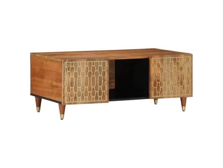 KMVXCVNM Couchtisch 100x54x40 cm Massivholz Mango Sofatisch Honigbrauner Beistelltisch mit geschnitztem Muster, Fach hinter Tür und stabilen Eisenbeinen für das Wohnzimmer.