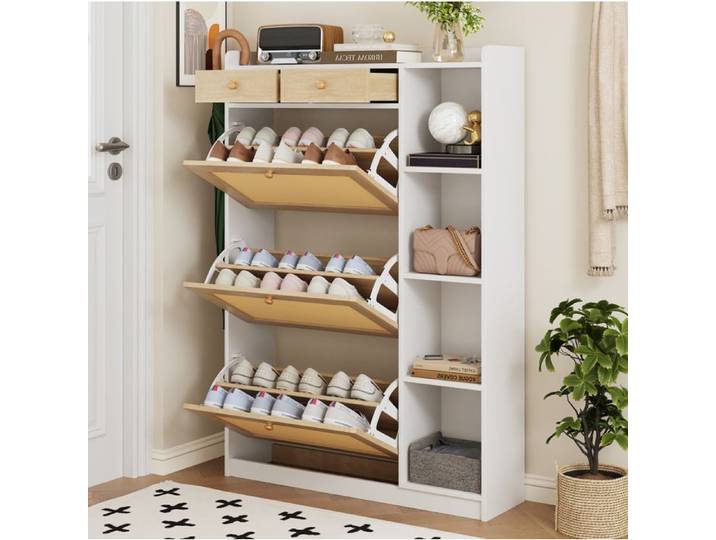 Meuble à chaussures fin EVRYAE 90 x 24 x 130 cm 3 abattants 2 tiroirs rangements ouverts blanc naturel