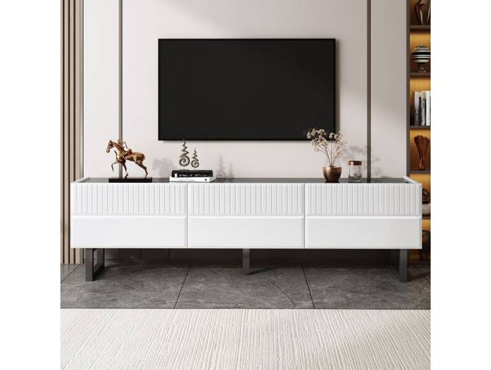 Meuble TV design minimaliste noir et blanc tiroirs spacieux piètement métal robuste alliant rangement et décoration pour salon