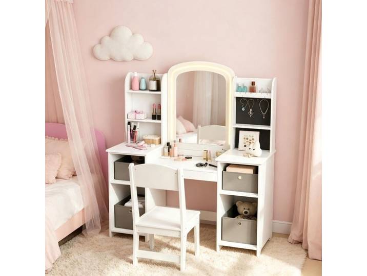 Coiffeuse enfant - ZEVKOR - Coiffeuse Enfant - Miroir LED 2 modes - 2 tiroirs - 6 étagères + chaise