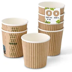BIOZOYG 500 Stück Riffelbecher 100ml / 4oz Espresso Pappbecher, Braune Einwegbecher, Nachhaltig, Biologisch Abbaubar, Einwegbecher