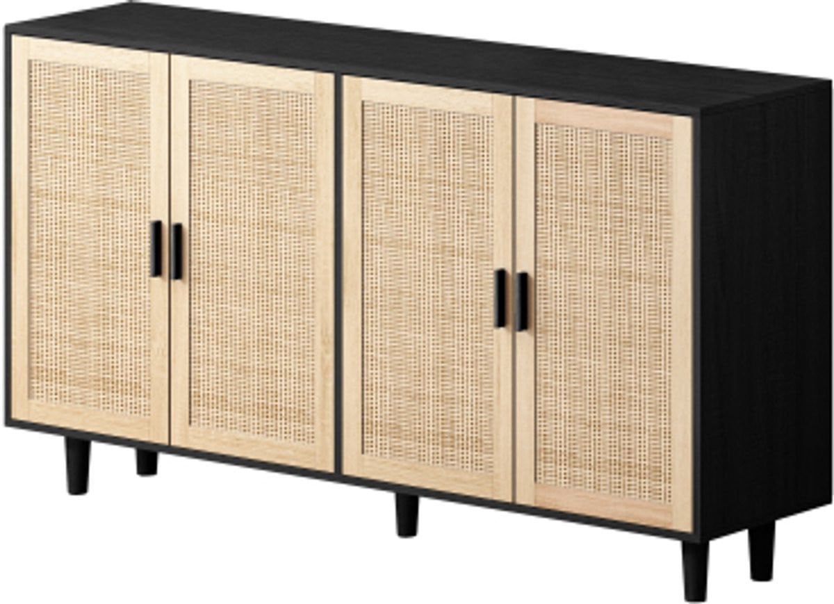 Dressoir met 4 deuren en rotan details, Breedte: 158 cm