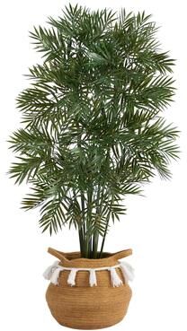 Nearly Natural 4' Parlor Palm Artificial Tree in Boho Chic Handmade Natural Cotton Woven Planter with Tassels