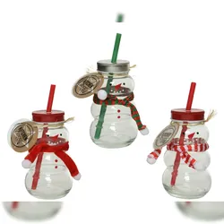 Christmas Decorations 1 Trinkglas Schneemann 12,5cm mit Strohhalm Deckel Winter Weihnachtsglas Getränkeglas Weihnachtsbecher Weihnachten Snowman Glas Partyglas festlich