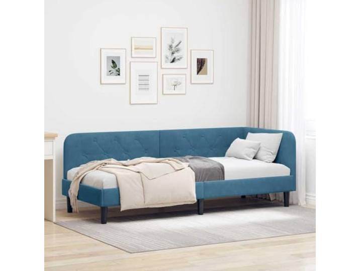 Samt L Form Tagesbettrahmen Sofa Schlafzimmer Städtisch Blau 80 x 200 cm Eckbettgestell mit Kopfteil Blau 80 x 200 cm Samt Tagesbett L-förmig Schlafsofa Lattenrost Gästezimmer