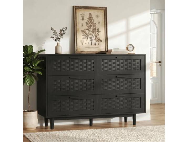Commode double 6 tiroirs en rotin Commode basse pour Salon Chambre - Style scandinave - Commode Noir 115x40x80 cm