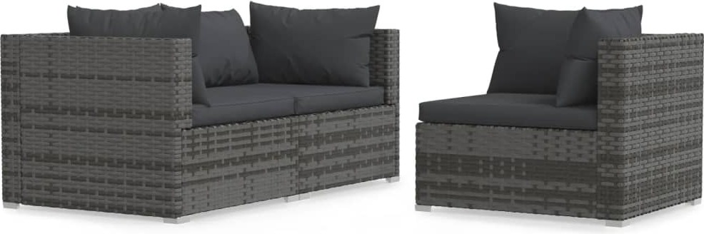 3-tlg. Garten-Lounge-Set mit Kissen Grau Poly Rattan
