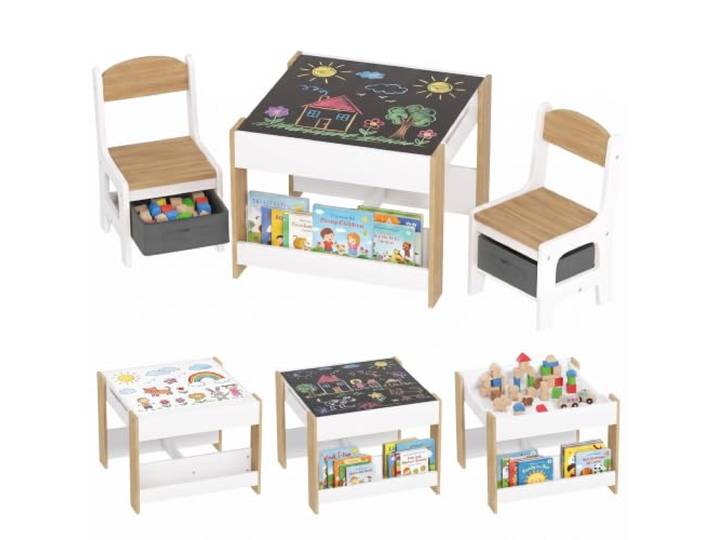 HOMCOM 3-teilig Kinder Tisch und Stuhl Set, 3 in 1, Naturholz Kinder Schreibtisch-Stuhl-Set, Tafel, Stauraum, Regale, für Kinderzimmer, Spielzimmer, Klassenraum, Homeschooling-Tische