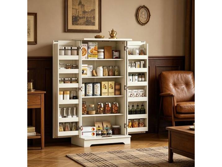 Garde-manger avec compartiments meuble de rangement cuisine étagères réglables armoire élégante bois blanc