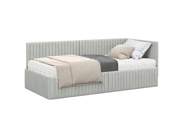 PUGYNBK Eckbett, Samt, Hellgrau, mit Matratze Kopfteil zur Wandmontage, Lattenrahmen, weich und elegant, einfache Montage