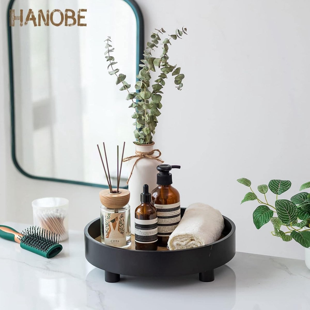 SnelShoppen Ronde Decoratieve Vanity Tray - Houten Riser voor Badkamer en Dresser - Zwart