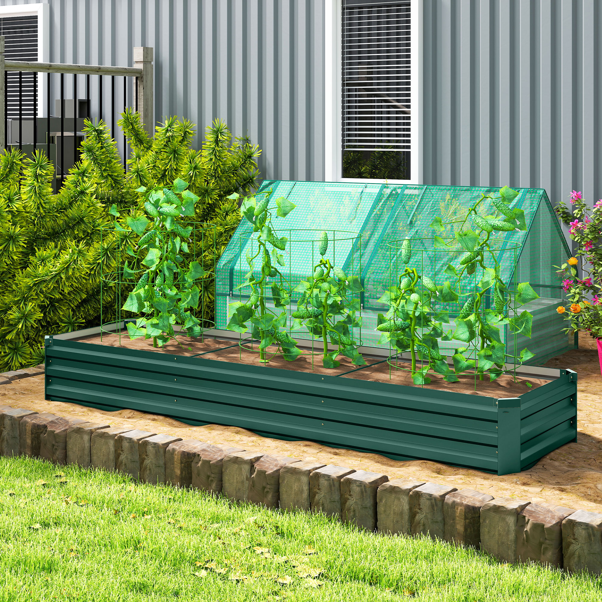Outsunny Fioriera Esterna Grande Rettangolare in Acciaio Galvanizzato Orto Urbano con Base Aperta 240x60x30 cm Verde   Aosom Italy