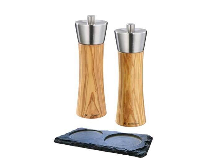 Zassenhaus Set Salzmühle Pfeffermühle Augsburg Olivenholz 18 cm mit Schiefer-Untersetzer