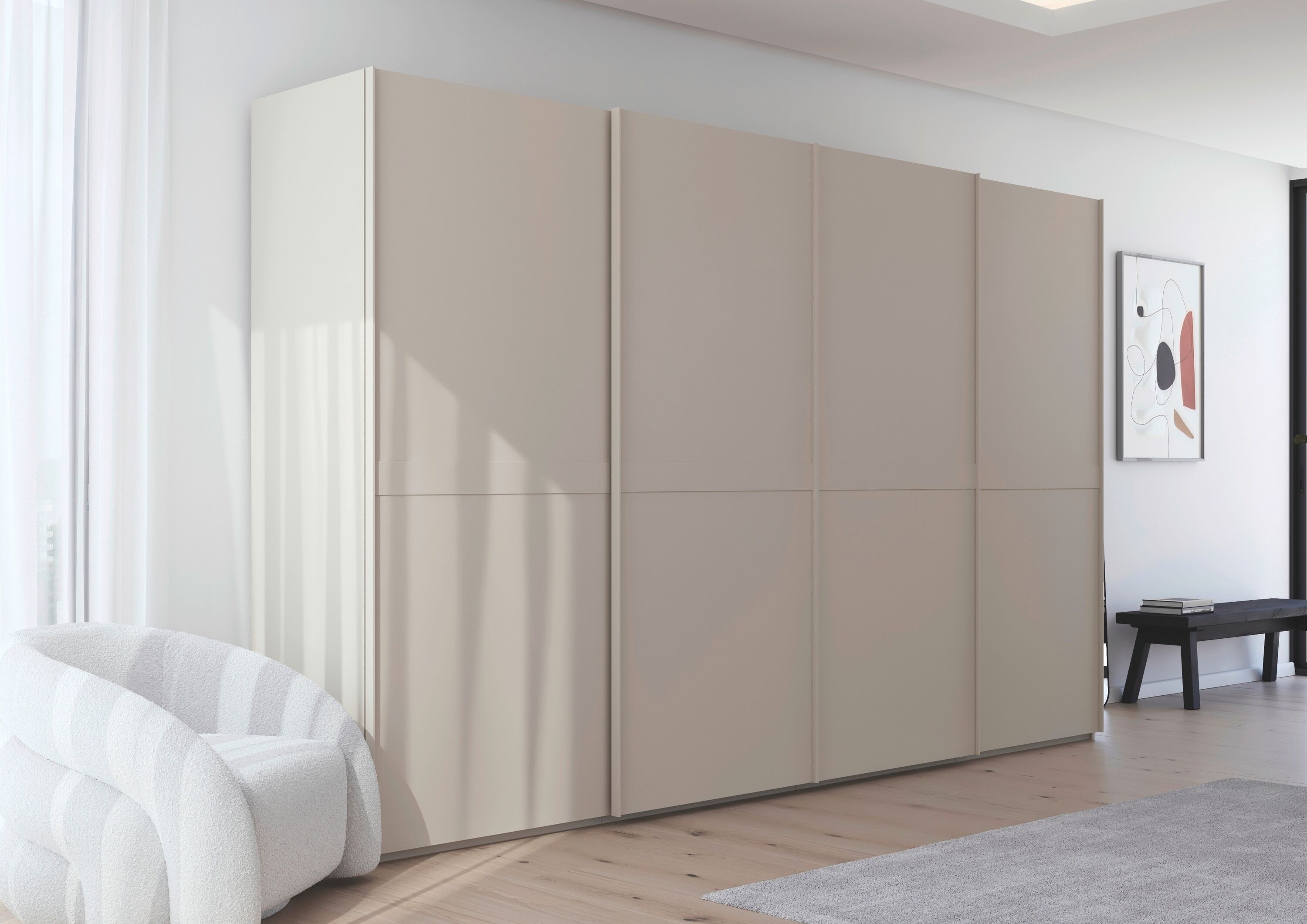Schwebetürenschrank RAUCH "Kleiderschrank Schrank Garderobe Schlafzimmerschrank SCALE-LINE", beige (champagner), B:360cm H:223cm T:68cm, Holzwerkstoff, Schränke, Schwebetürenschrank, edle Optik mit Bauchbinde in Korpusfarbe Dekorfront MADE IN GERMANY cham