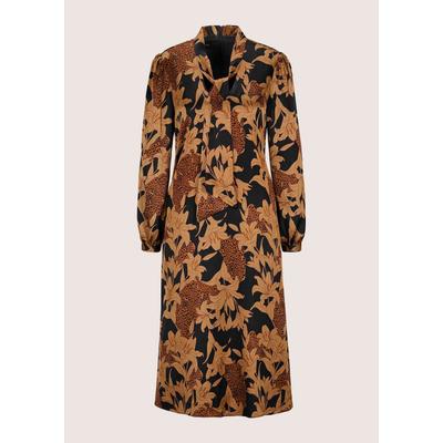 Midikleid MADELEINE "Kleid Schluppenkleid mit Blütenprint", Damen, Gr. 34, N-Gr, macchiato, dunkelblau, cognac, Modern, comfort fit, V-Ausschnitt, Kleider Midikleid