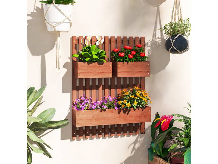 Outsunny Jardinière Verticale Bois 3 Pots Amovibles Marron