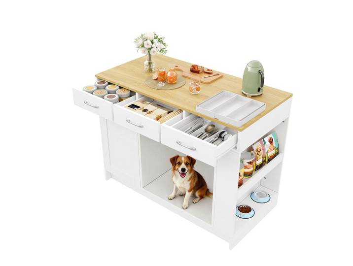 Gisaae Kücheninsel verstellbare Regalplatte Haustierfutterregal 120*60*90cm, Weiß, Holz, Mode, Küche mit Insel,Rechteckig, 60x90x120 cm, Küchen, Küchenmöbel, Kücheninseln