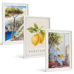 BILDER SET 3er Set - 40x60 cm Weißer Rahmen - Ansichten von Positano mit Zitronen