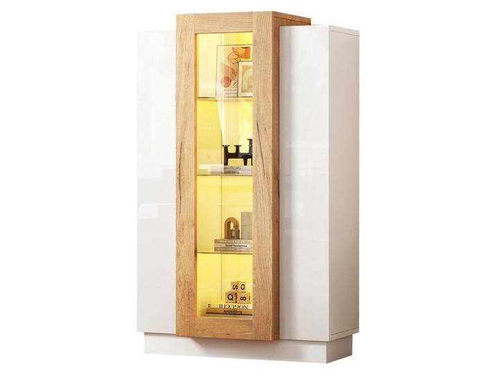 Armoire de Rangement à 3 Portes Transparentes Vitrine Haute Brillance avec LED Bibliothèque avec Etagères en Verre 74x40x120 cm
