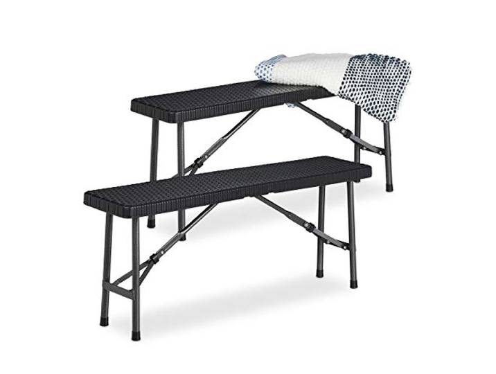 Relaxdays Banc Pliant\, Lot de 2\, terrasse\, Jardin\, Camping\, Plastique\, Pliable\, Peu encombrant\, HLP 42x100x25 cm\, Noir