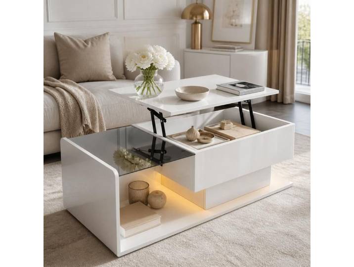 Table basse brillant - Zephmum - blanc verre LED