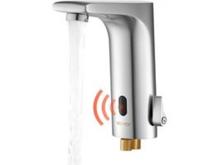 VEVOR berührungsloser Waschtischhahn (L-förmig) Badezimmer, automatische Waschtischarmatur, freihändig einstellbarer Einhebelmischer, batteriebetriebener Wasserhahn gebürstetes Nickelsilber
