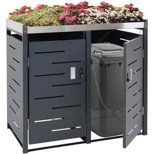 Mendler Mülltonnenbox HWC-H40, Metall, 2 Mülltonnen bis 120L, abschließbar, mit Pflanzdach