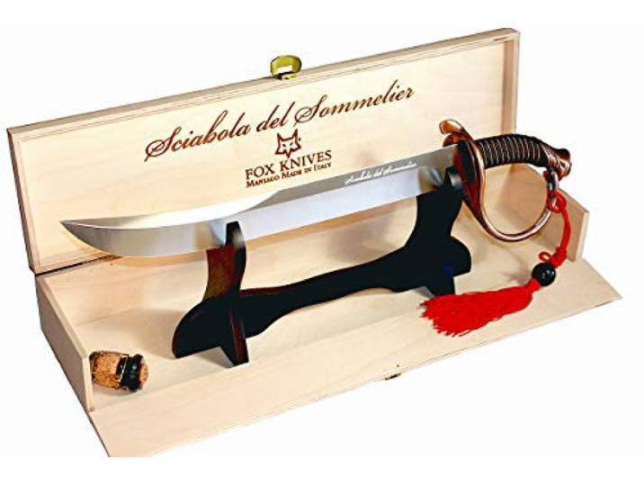 FOX - Champagner Säbel für Sommelier - Bronze griff FX-2006 B Champagner Säbelmesser Weinöffner Edelstahl Maniago Italien Holz Display Box Hochzeitsgeschenk Zeremonie