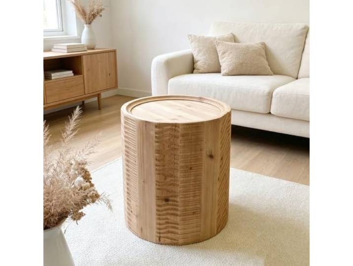 Luxuriöser handgefertigter schachtelbarer Couchtisch aus Massivholz Runder Vintage-Beistelltisch, vormontierter Aufbewahrungs-Seitentisch(Natural,15.4 x 18.9 in)