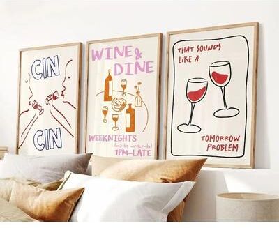 Inspired Finds Retro Cocktail & Pasta Wall Art Set For Kitchen, Bar Cart & Happy Hour Decor wine & Pasta Set 7.87x11.81in No Frame