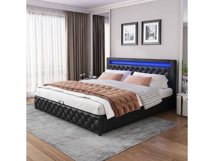 Lit coffre - ZEVKOR - Lit Coffre Double 140×200 cm - Tête capitonnée LED - Coffre de rangement - PU noir