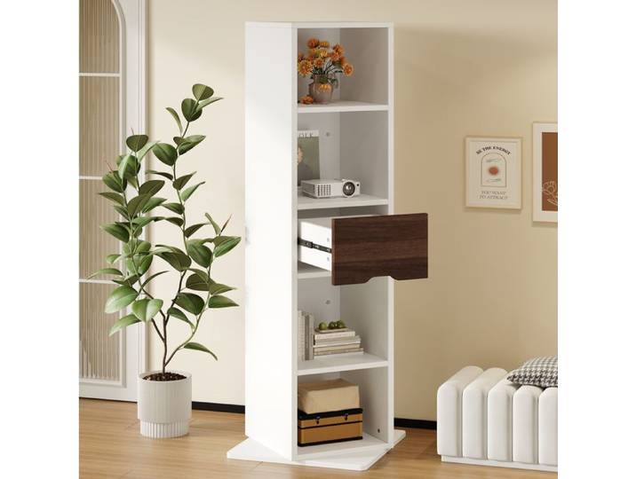 WUVRIE Vitrine tournante 45 x 45 x 168 cm avec miroir pleine longueur 4 étagères ouvertes 1 tiroir MDF blanc