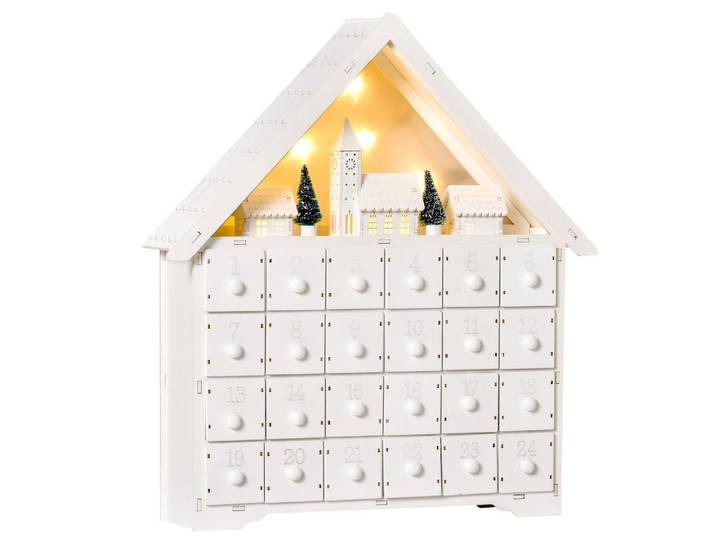 Homcom Adventskalender Weihnachtskalender 24 Schubladen mit LED 2-in-1-Design, Weiß, Holz, 9x42x39 cm, Dekoration, Weihnachtsdekoration