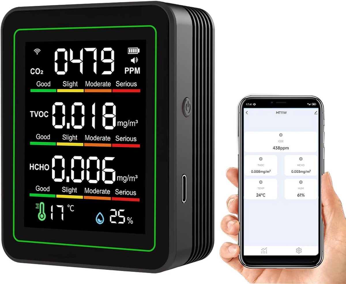 Smart CO2 Meter en Hygrometer met WiFi en App-besturing - Luchtkwaliteitsmeter - Zwart
