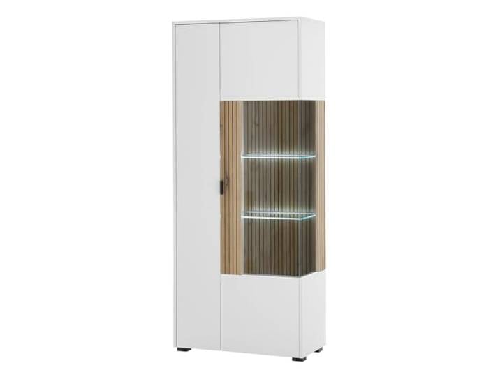 Lomadox Vitrinenschrank Vitrine Standvitrine Glasvitrine LED Beleuchtung Glasböden weiß matt Eiche Rillen 75x180x38 cm