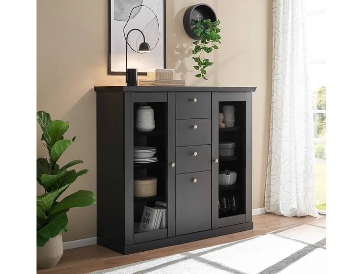 Sideboard mit Glastüren 129 x 118 x 42cm Schwarz