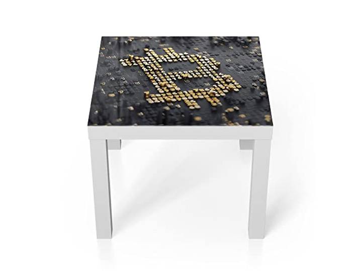 DEQORI Glastisch weiß klein 55x55 cm Motiv Bitcoin Währungszeichen ausgefallener Beistelltisch aus Glas Hochglanz Couchtisch fürs Wohnzimmer moderner Couch Tisch mit Design