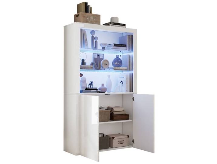 Vitrine buffet haut SENVIRO - 100 x 35 x 170 cm blanc brillant LED verre trempé MDF rangement pour salon