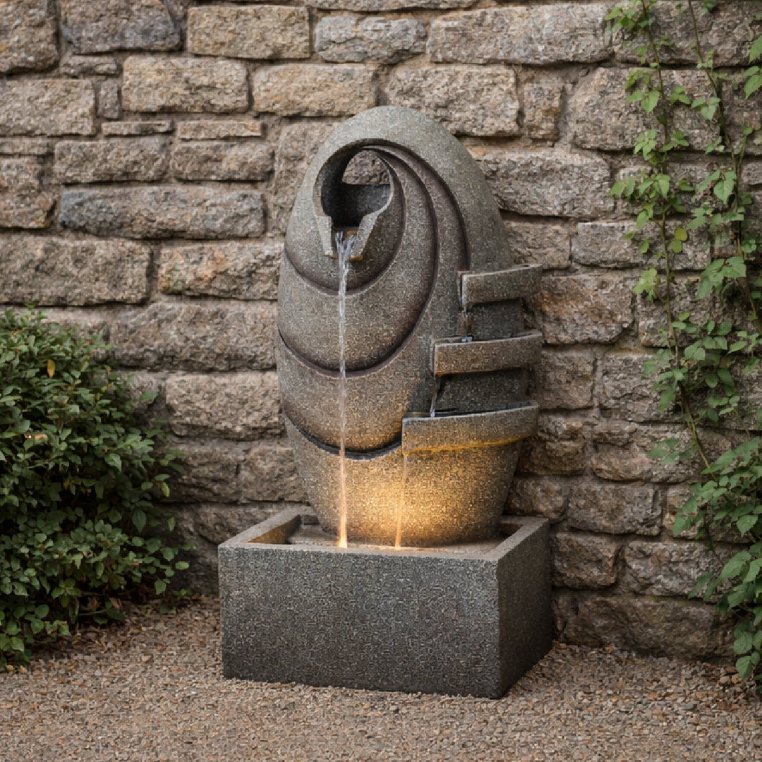 Teamson home Modern Oval Outdoor Water Fountain with LED Lighting, Adjustable Flow, and Weather-Resistant Polyresin Design Gray 80cm H X 25cm W X 40cm D