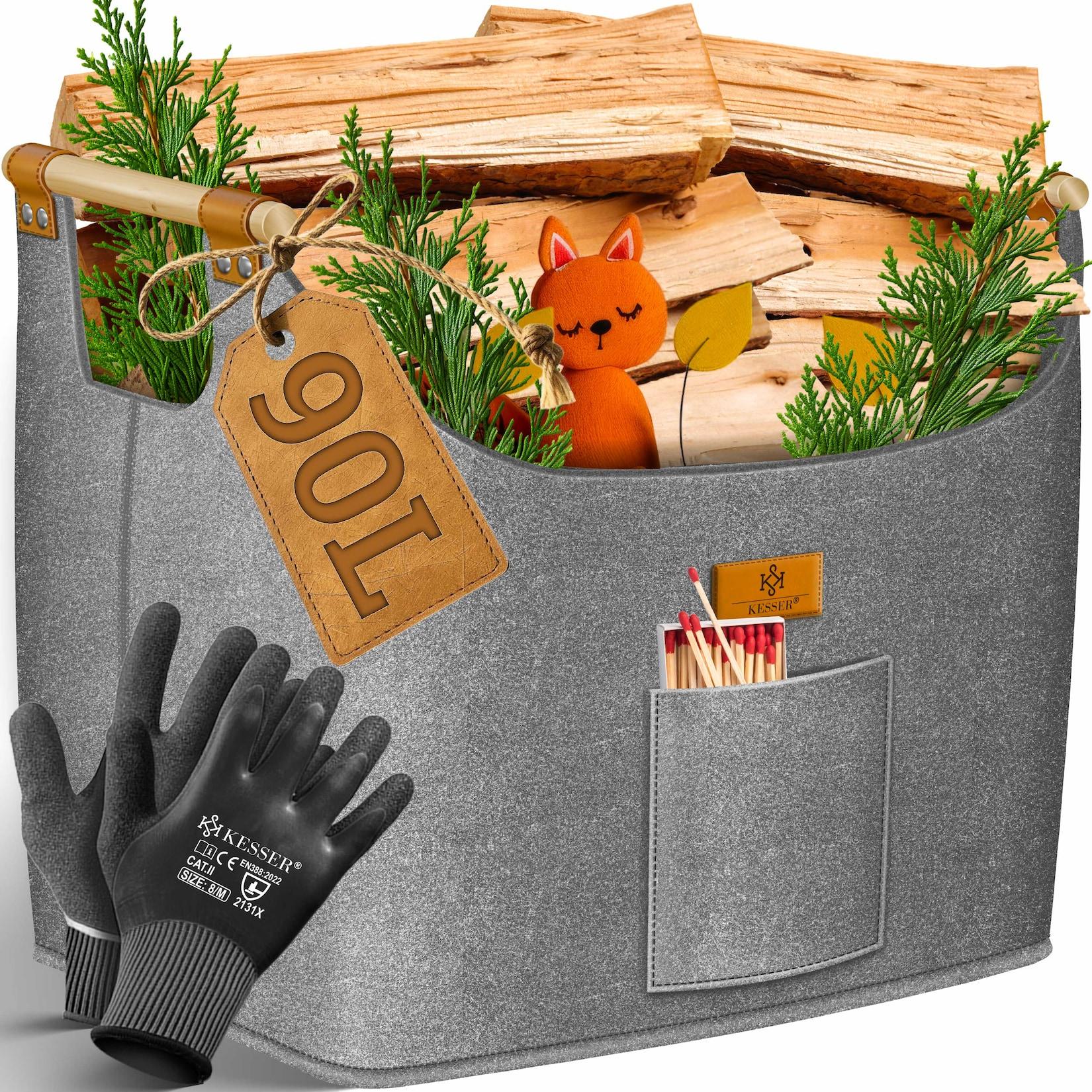 KESSER® Brennholzkorb Kaminholztasche extra dicker Filz Feuerholzkorb faltbar mit verstärkten Holzgriffen Aufbewahrungskorb für Holz, Zeitung oder Brennholz Inkl. Arbeitshandschuhen
