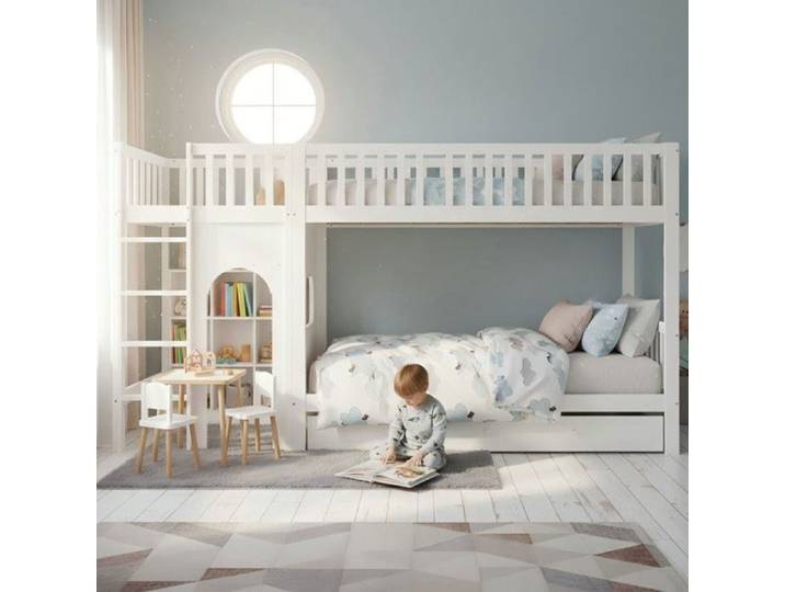 Lit Étage pour Enfant Design Ergonomique et Sécurisé Échelle Droite Barrières de Protection Bois Massif et blanc LITS SUPERPOSES