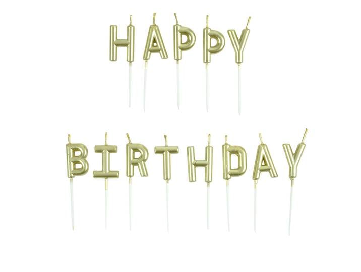 Geburtstagskerzen Happy Birthday, Kuchenkerzen mit Spiess, gold, 2 x 3 cm (ohne Spiess)