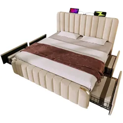Polsterbett 140x200 USB Typ-C 4 Schubladen Leinen Metallrahmen Lattenrost Gepolstertes Kopfteil Komfort Modern Beige Schlafzimmer