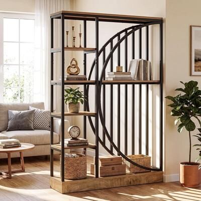 Bluebell "70.9"" Tall Wall Room Divider Screen with 5-Tier Storage Shelves, Industrial Wood Partition Wall with Geometric Circle"