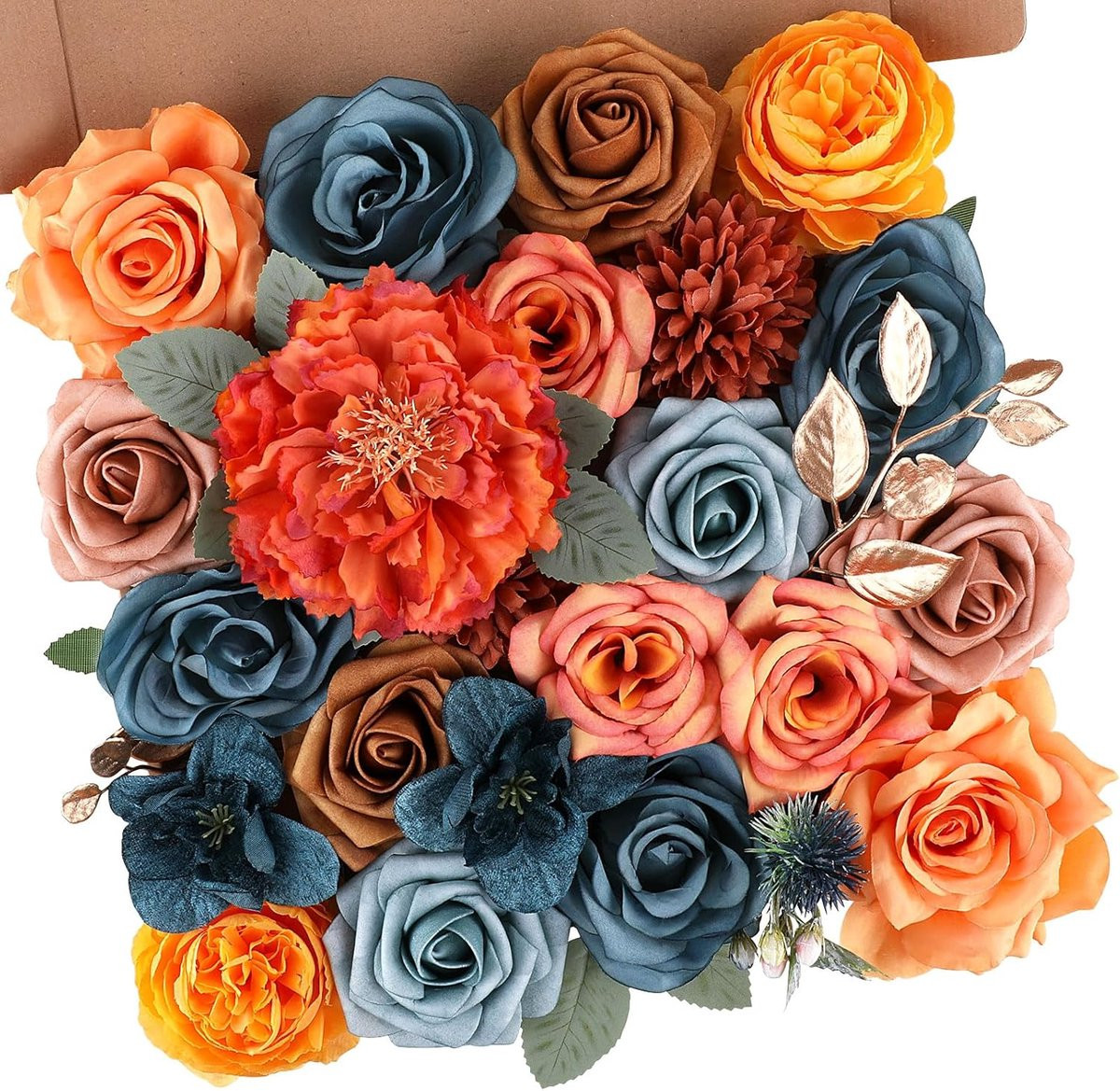 Set van 30 handgemaakte zijden kunstbloemen voor decoratie in groenblauw en oranje