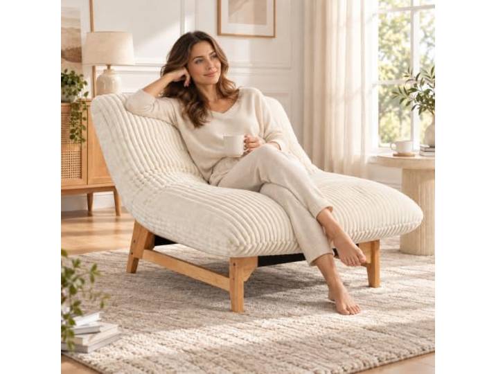 Relaxsessel Loungesessel ohne Armlehnen, Cord, Holzrahmen (Cremeweiß) Weicher Akzentstuhl mit dicker Polsterung und Holzgestell für Wohnzimmer, Schlafzimmer und Leseecke