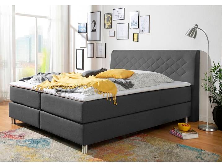 Boxspringbett, Grau, 218x160 cm, 100% Polyester, Inkl. Topper, Modern, Inosign