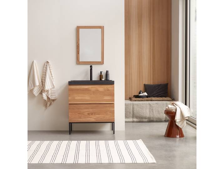 Badmöbel aus massiver Eiche und Lavastein 80 cm Nova - Schwarz - Oak