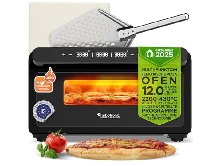 TurboTronic Pizzaofen bis 430 °C perfekte Pizza (30 cm) in 2 Minuten inkl. Pizzastein & Pizzaschieber für Zuhause & Garten Neapolitan Mini Backofen Edelstahl Schnellaufheizen AirFryer Steak Lahmacun