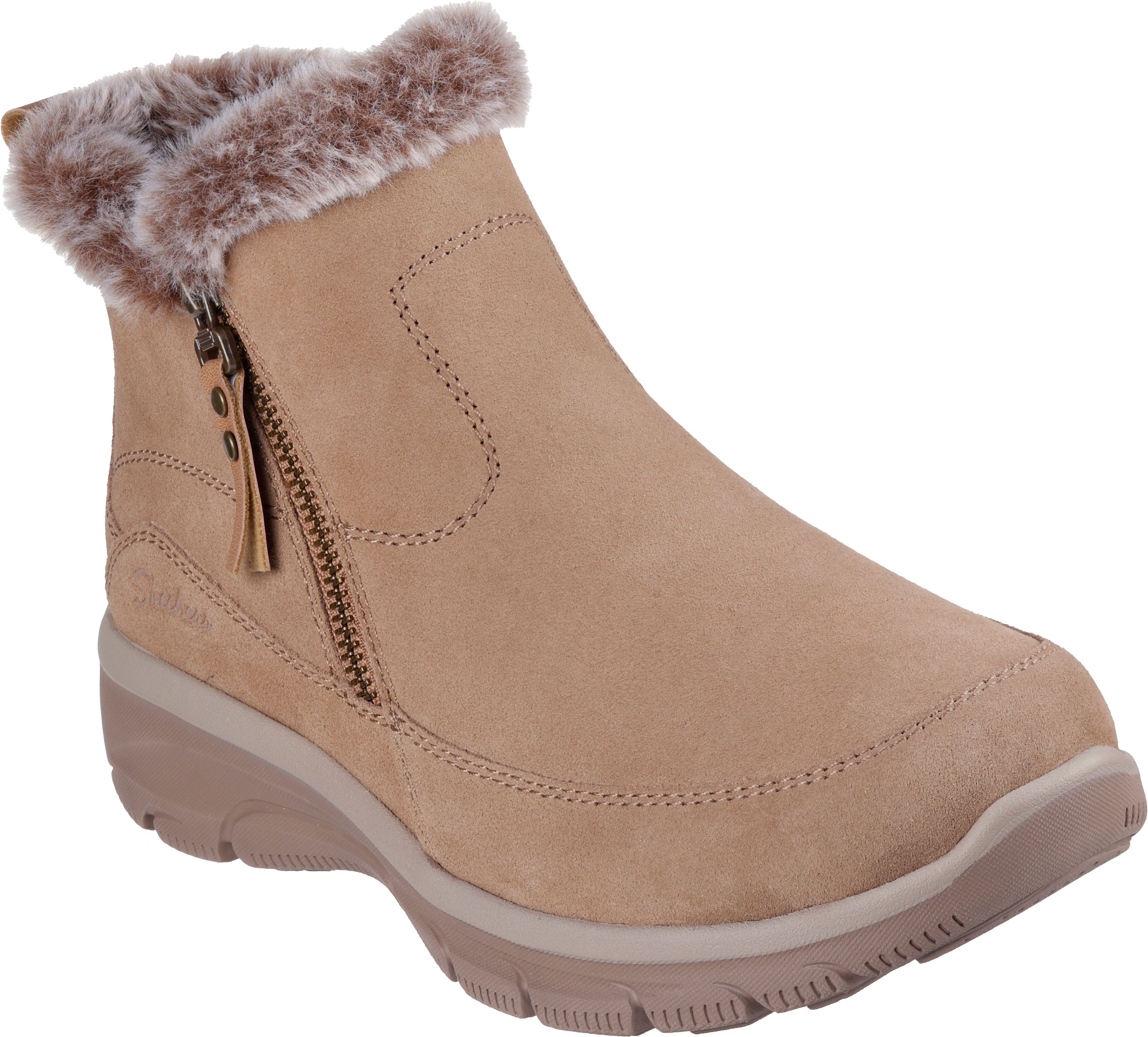 Winterboots SKECHERS "EASY GOING-COOL ZIP", Damen, Gr. 40, Warmfutter, beige (hellbraun), Leder, Textil, Schuhe Winterboots, Winterschuh, Reissverschlussstiefel mit 3M Scotchgard-Imprägnierung hellbraun 40, Warmfutter
